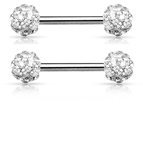 Crystal Paved Ferido Balls Nipple Bars Barbells Rings – 14G 316L Stainless Steel – Sold as a Pair (Clear)