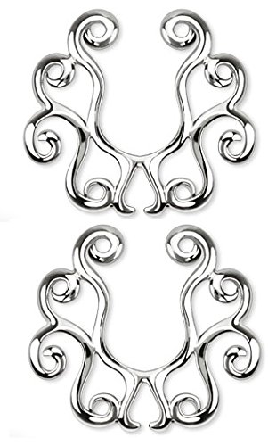 Vintage Tribal Floral Clip on Non-Pierce No Pierce Fake Nipple Ring – Silver Tone – Sold as a Pair