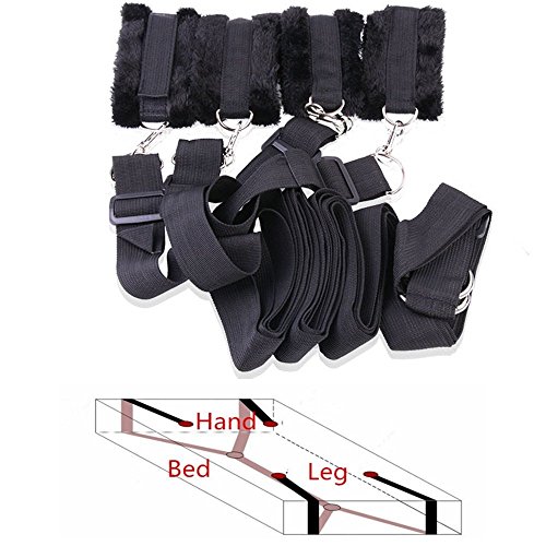 Under Bed Wrist and Ankle Handcuffs SM Sex Games Long Plush Furry Bed Restraint Bondage with Adjustable Straps For Male Female Couple – Black