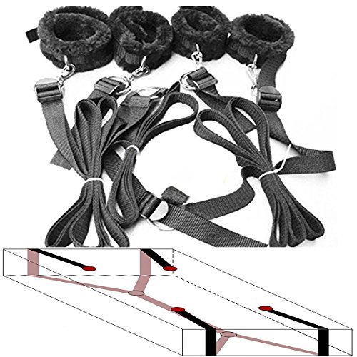 Under The Bed Restraint Kit System Nylon Straps With Thick Plush Cuffs Bondage System – Adjustable Straps and Cuffs Fits Almost Any Bed Size Mattress-Black