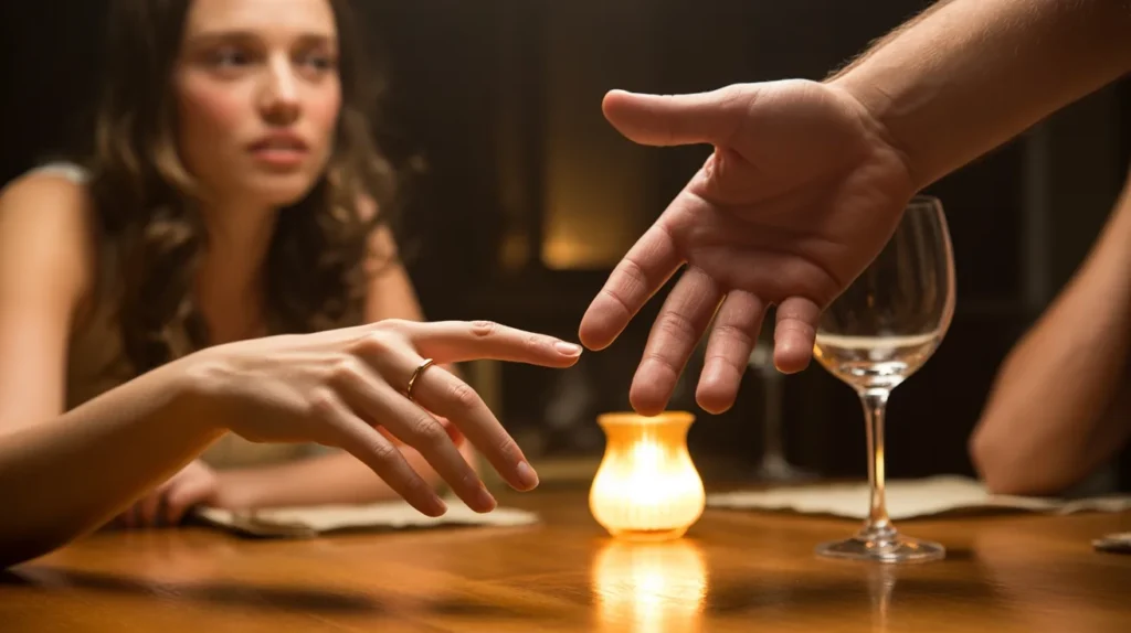 A hand almost touching another hand across a table