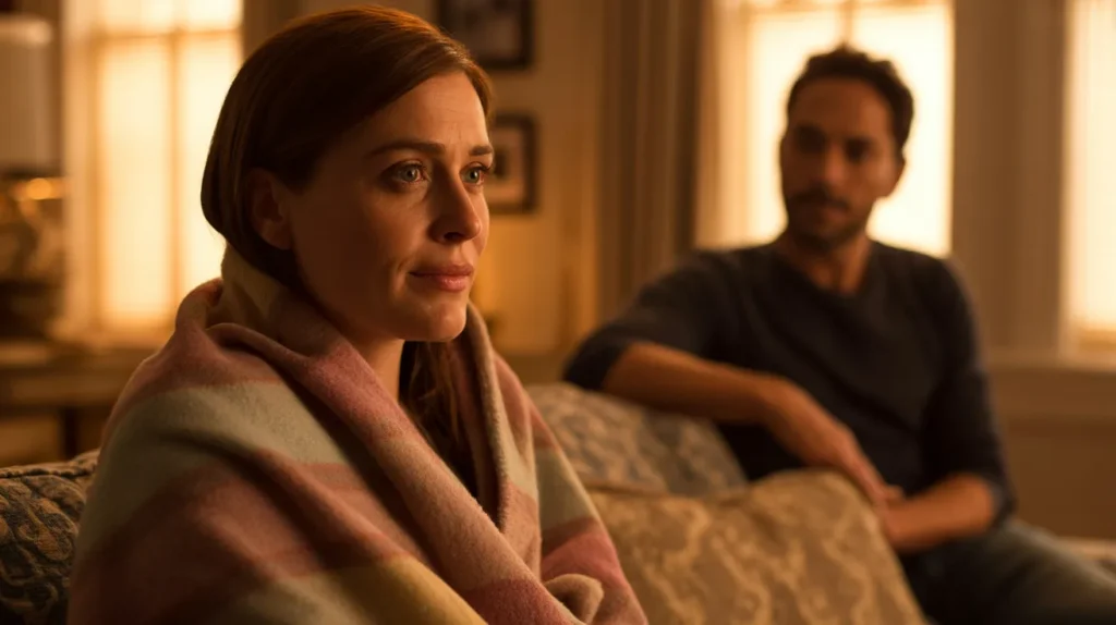 A woman sits on a couch, wrapped in a blanket, gazing at a man