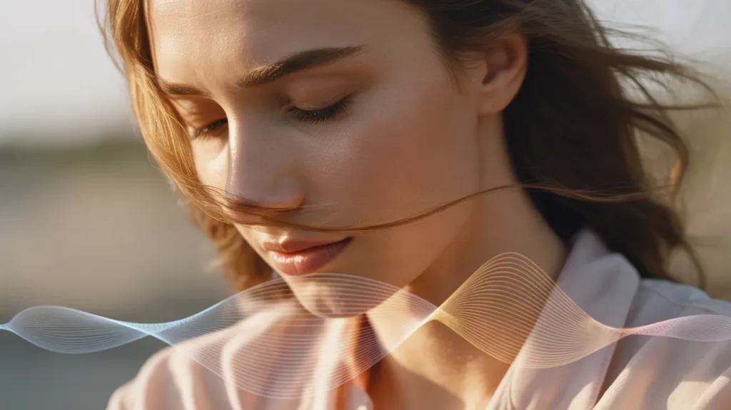 Close-up of a woman’s face with her eyes closed, breeze through her hair