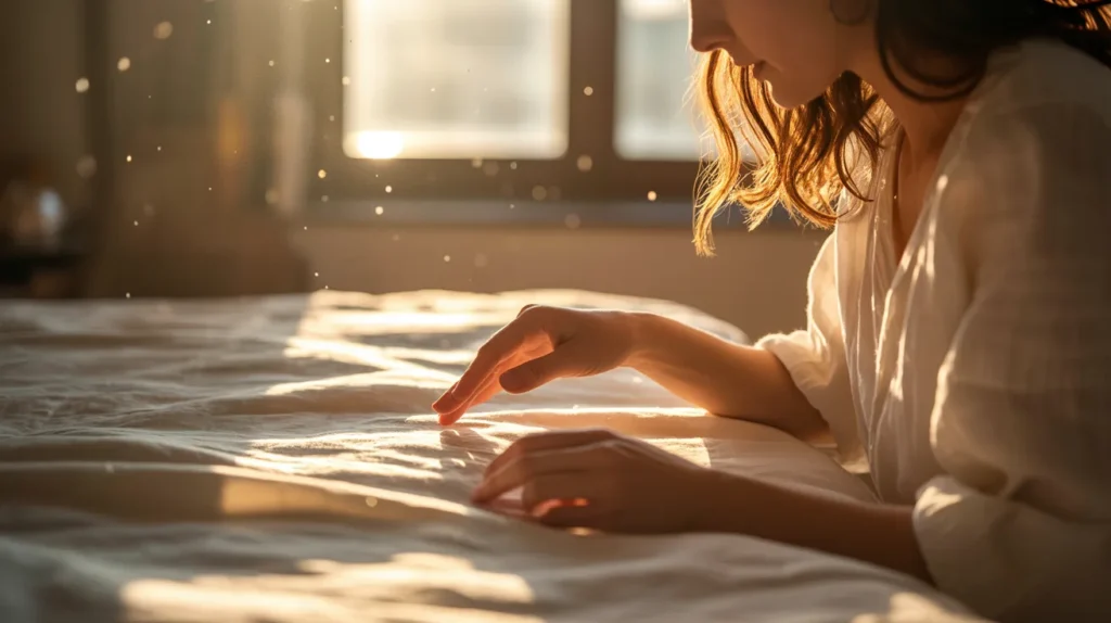 Close-up of a woman’s hands tracing sunlight across soft fabric, golden morning light streaming through a window, dust motes suspended in air