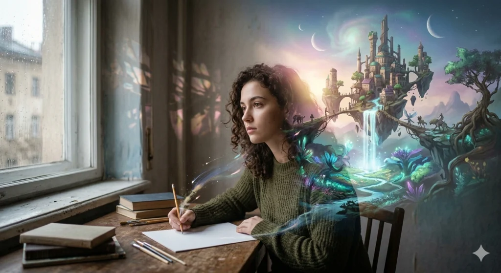 Conceptual image representing the difference between imagination and real-world action