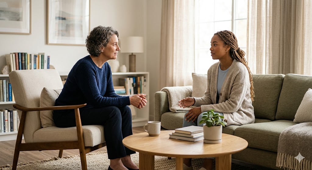 Person in a calm counseling session discussing personal topics with a therapist