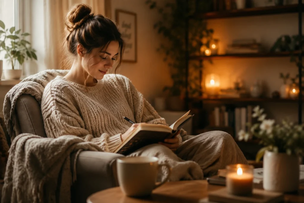 Person journaling quietly at home, reflecting on personal thoughts and self-understanding