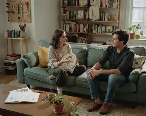 Photo of a couple sitting together having a calm, engaged conversation on a couch