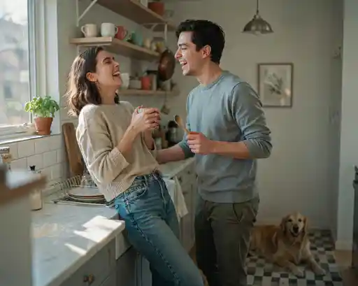 Warm photo of a couple laughing together, conveying a secure, healthy relationship dynamic